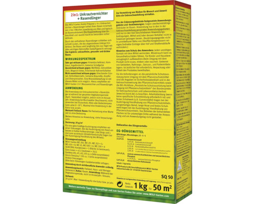 Emballage de l''anti-mauvaises herbes 2 en 1 Wolf Garten plus engrais pour gazon, 1 kilogramme pour 50 mètres carrés