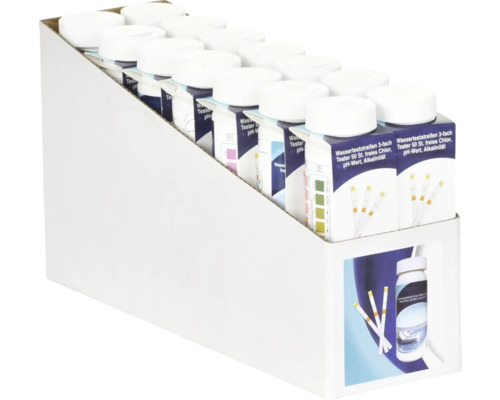 Boîte de présentation avec bandelettes de test d''eau pour déterminer le chlore, le pH et l''alcalinité