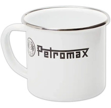 Weisse Petromax Emaille Tasse mit Firmenlogo