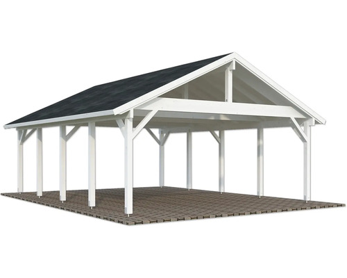 Carport double Palmako Robert 40,6 m² 555 x 732 cm apprêt par immersion blanc Abri de voiture en bois blanc avec toit en pierre