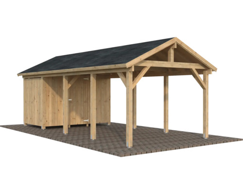 Holzcarport mit Geräteschuppen und Satteldach