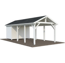 Weißer Holzcarport mit Geräteschuppen und dunklem Dach