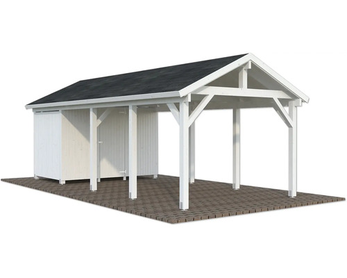 Carport simple Palmako Robert 23,1 m² avec abri à outils 315 x 732 cm apprêté blanc Carport en bois blanc avec remise à outils et toit foncé