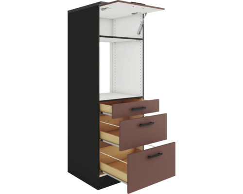 Armoire haute avec trois tiroirs et un compartiment ouvert avec porte relevable