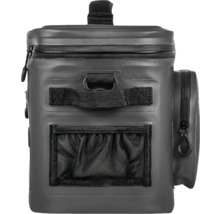 Graue, wasserdichte Kühltasche mit Tragegriff und Außentaschen.