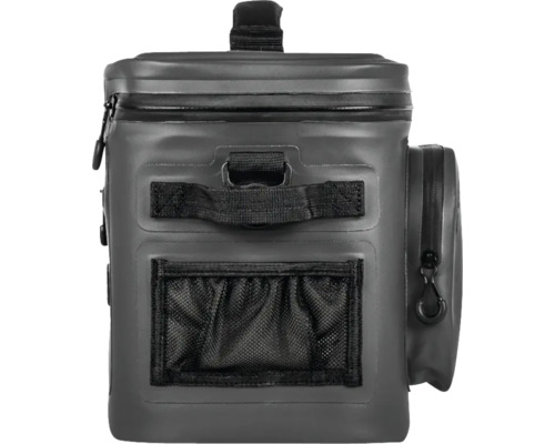 Graue, wasserdichte Kühltasche mit Tragegriff und Außentaschen.