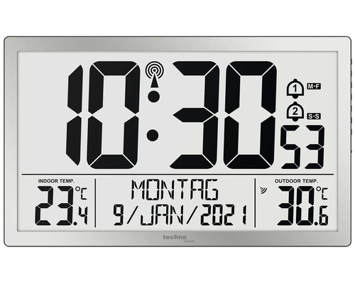 Funkwanduhr mit Anzeige von Innen- und Außentemperatur, Datum und Uhrzeit