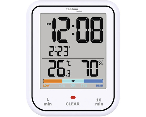 Logo Techno Line. Thermo-hygromètre numérique avec affichage de l''heure, de la date, de la température et de l''humidité.
