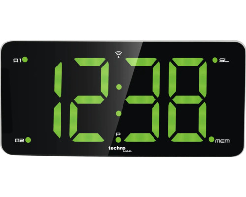 Digitale Funkweckeranzeige mit Uhrzeit 12:38 und Techno Line Logo