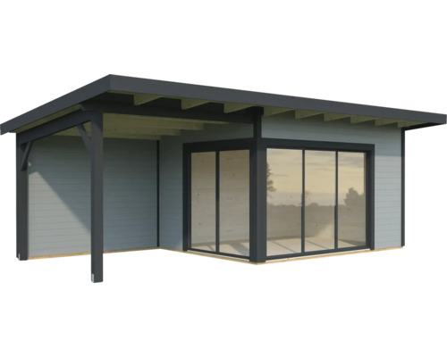 Holzgartenhaus mit Schiebetür und überdachter Terrasse