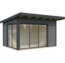 Abri de jardin avec façade en verre et toit plat