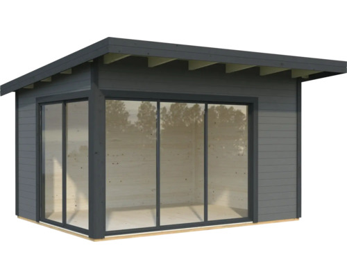 Abri de jardin avec façade en verre et toit plat