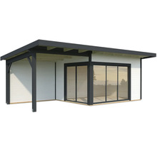 Modernes Gartenhaus mit Schiebetür aus Glas und überdachtem Bereich