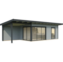 Modernes Gartenhaus mit überdachter Terrasse und Schiebetüren