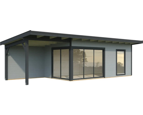 Modernes Gartenhaus mit überdachter Terrasse und Schiebetüren