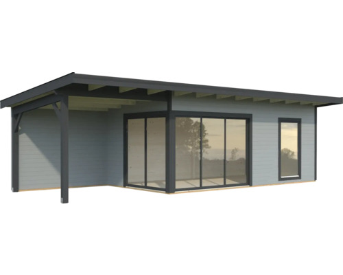 Holzgartenhaus mit Terrasse und Schiebetür