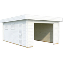 Weißes Holzgartenhaus mit Tür und Fenstern
