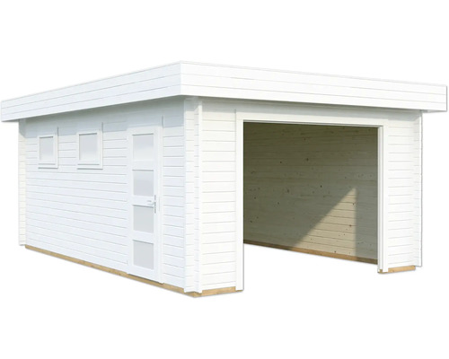 Weißes Holzgartenhaus mit Tür und Fenstern