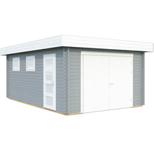 Holzgarage mit Doppeltür und Fenstern