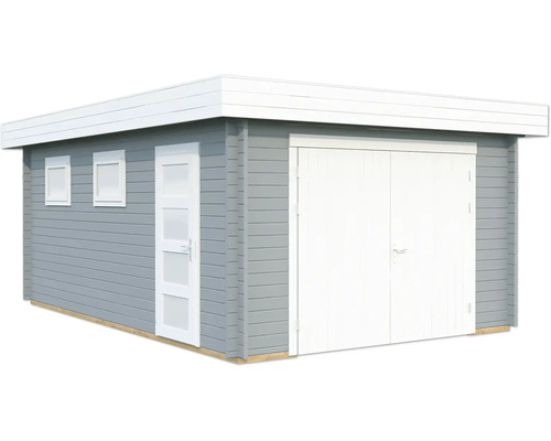 Holzgarage mit Doppeltür und Fenstern