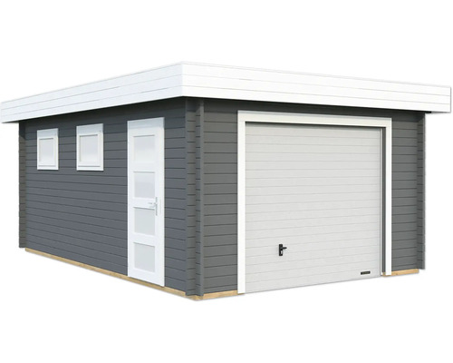 Holzgarage mit Sektionaltor, Nebentür und Fenstern