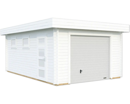 Weiße Garage mit Sektionaltor und Nebentür.