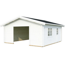 Weißes Holzgartenhaus mit Garageneinfahrt, Fenster und Tür