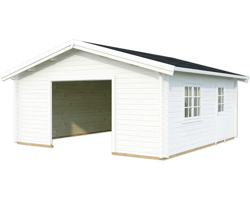 Einzelgarage Palmako Roger 27,7 m² ohne Tor 622 x 596 cm weiß Weißes Holzgartenhaus mit Garageneinfahrt, Fenster und Tür