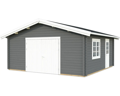 Graues Gartenhaus mit Doppeltür und Fenster
