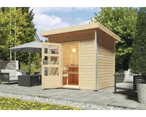 Chalet sauna Karibu Opal 4 avec poêle 9 kW et commande externe, avec porte en bois avec verre transparent Sauna d''extérieur en bois avec porte vitrée et mobilier de jardin à l''extérieur