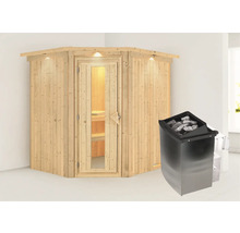Ecksauna mit Saunaofen und Saunasteinen