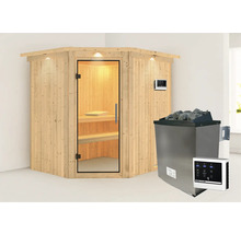 Ecksauna aus Holz mit Glastür und Saunaofen