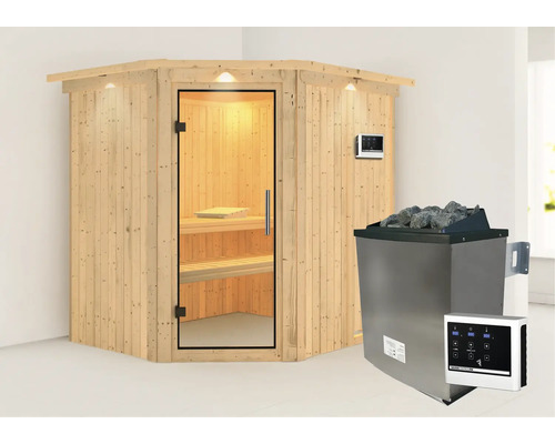 Elementsauna Karibu Siirina inkl. 9 kW Ofen u.ext.Steuerung mit Dachkranz und Ganzglastüre aus Klarglas Elementsauna Karibu Siirina inkl. 9 kW Ofen u.ext.Steuerung mit Dachkranz und Ganzglastüre aus Klarglas