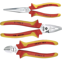 Jeu de trois pinces : pince à bec, pince universelle et pince coupante de côté