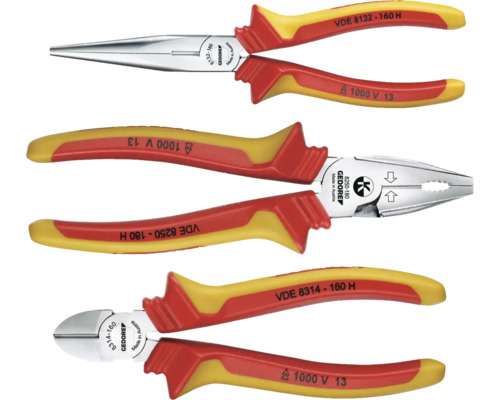 Jeu de trois pinces : pince à bec, pince universelle et pince coupante de côté