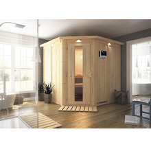 Sauna modulaire Karibu Piemon avec poêle 9 kW et commande externe, avec couronne et porte en bois avec verre isolant thermique