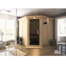 Moderne Badezimmerszene mit Holzsauna und Dusche