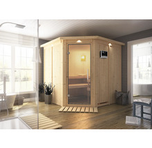 Helle Badezimmerszene mit einer Holzsauna mit Glastür