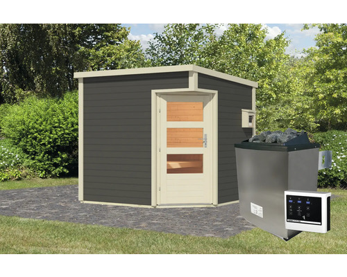 Sauna d''extérieur avec poêle de sauna et unité de commande dans le jardin