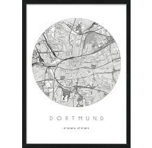 Schwarz gerahmtes Wandbild mit einer Karte von Dortmund und Koordinaten