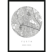 Gerahmtes Poster mit einer Karte von Fürth und den Koordinaten 49 Grad 28 Minuten 38 Sekunden Nord und 10 Grad 59 Minuten 18 Sekunden Ost