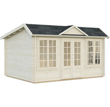 Gartenhaus aus Holz mit Fenstern und Doppeltür
