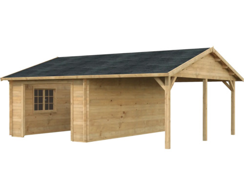 Einzelgarage Palmako Roger 19,0+16,2 m² ohne Tor 706 x 619 cm tauchgrundiert braun Holzgartenhaus mit Anbau