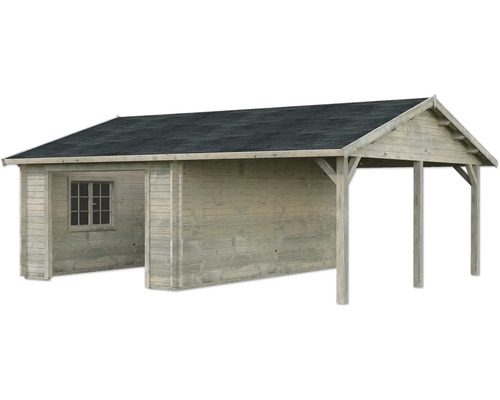 Einzelgarage Palmako Roger 19,0+16,2 m² ohne Tor 706 x 619 cm tauchgrundiert grau Holzgartenhaus mit Überdachung und Fenster