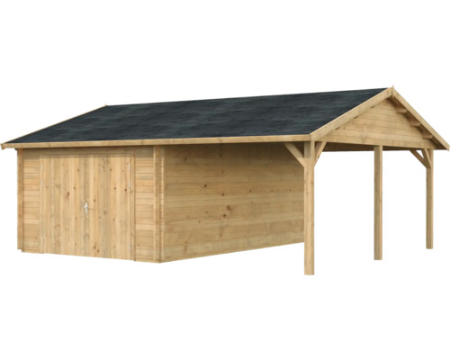 Einzelgarage Palmako Roger 19,0+16,2m² mit Holztor 703 x 619 cm tauchgrundiert braun Gartenhaus mit Anbau aus Holz und Dachpappe