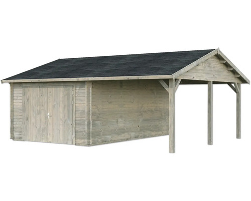 Einzelgarage Palmako Roger 19,0+16,2m² mit Holztor 703 x 619 cm tauchgrundiert grau Holzgartenhaus mit Carport und Doppeltür