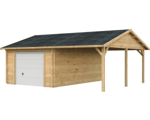 Einzelgarage Palmako Roger 19,0+16,2m² mit Sektionaltor 703 x 619 cm tauchgrundiert braun Holzgarage mit angrenzendem Carport