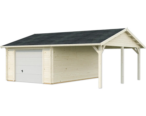 Garage en bois avec abri de voiture et toit plat