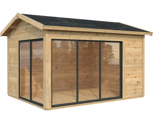 Abri de jardin Palmako Amanda 11,2 m² Slide avec plancher 434 x 340 cm imprégné par immersion marron Abri de jardin en bois avec façade en verre
