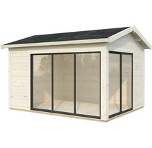 Abri de jardin avec structure en bois et façade en verre